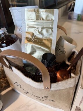 Magnolia Beige Canvas Tote Coffee Gift Basket with Gold Coffee Bag and White Mug
